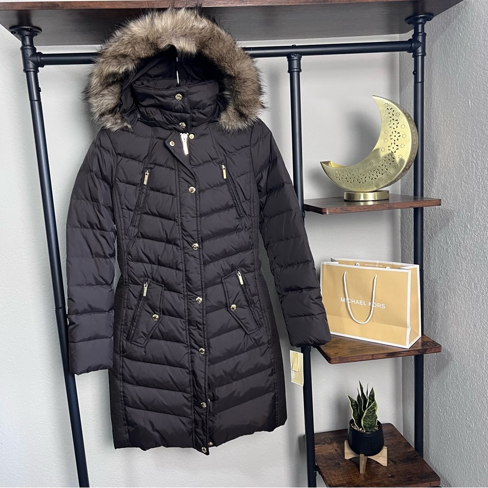 NWT Michael Kors Faux Fur Hooded Coat Signature MK Logo Brown Down Jacket XXS